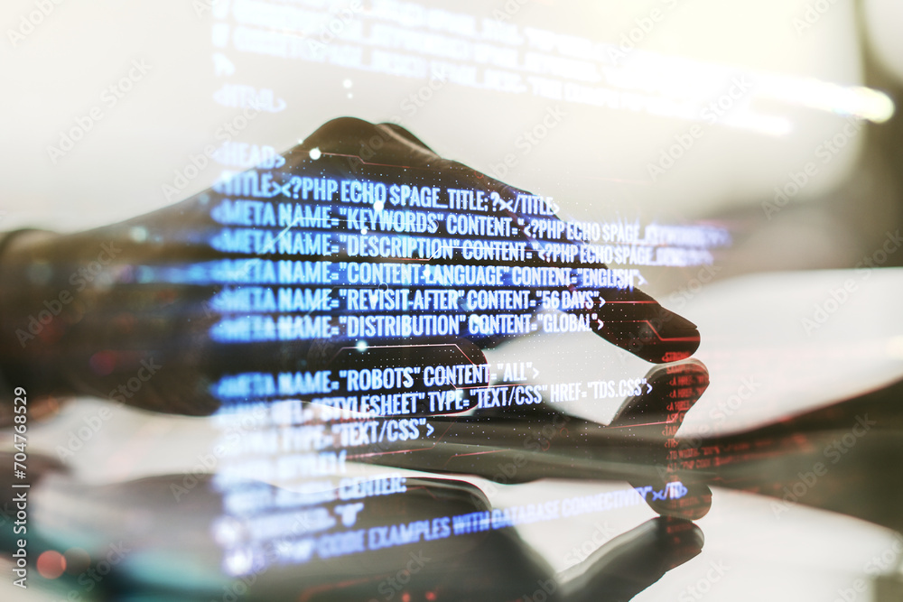 Poster Double exposure of abstract programming language hologram with finger clicks on a digital tablet on background, research and development concept
