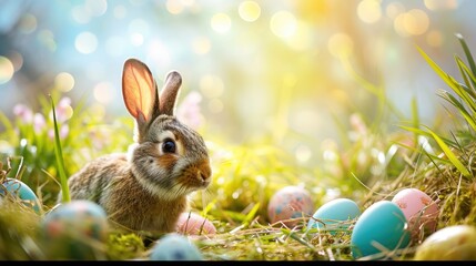 Fototapeta na wymiar Easter holiday celebration season background cute brown bunny with soft fur long ears in garden against morning light with colorful eggs decorations, forest rabbit little fluffy hare in hold playful