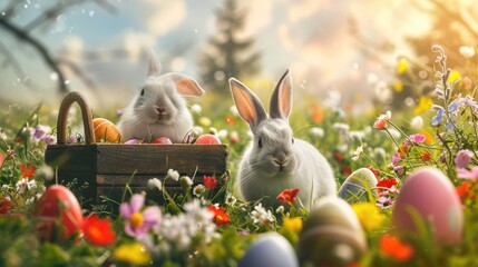 Easter holiday celebration season background cute couple bunnies long ears and colorful eggs decorations in wooden basket in flowers field garden forest rabbits little fluffy hare playing together