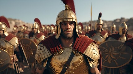 roman soldiers in golden armor and red capes - obrazy, fototapety, plakaty