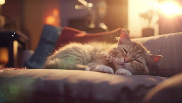 cat sleeping on sofa, stream overlay loop, cozy lo-fi, vtuber asset twitch zoom OBS screen, anime chill hip hop. seamless looping overlay 4k virtual video animation background 