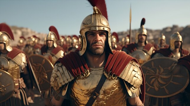 roman soldiers in golden armor and red capes
