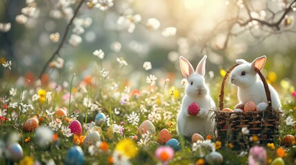 Easter holiday celebration season background with cute 2 bunny family playing together, colorful eggs decorations in wooden basket, spring field morning light, egg hunts with fluffy hares together