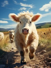 Obraz premium Fluffy white cow running in a field