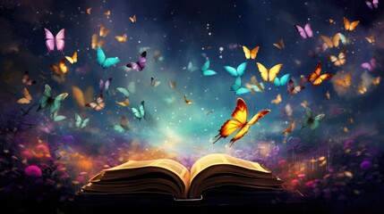 Magical open book with butterflies and sparkling lights. Fantasy and imagination. - obrazy, fototapety, plakaty