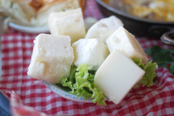 Cheese cubes in a break fast table ,