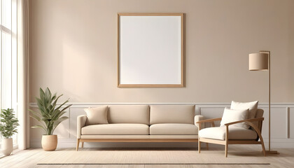 Frame-mockup-in-interior-background--beige-room-with-modern-furniture--3d-render
