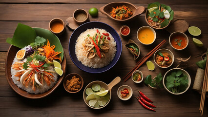 a tempting spread of Rice Thai dishes arranged artfully on a rustic wooden table highlight the vibrant colors and textures that make Thai cuisine a visual delight