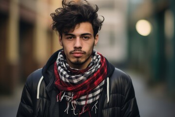 Portrait of a young man with a scarf on the street.