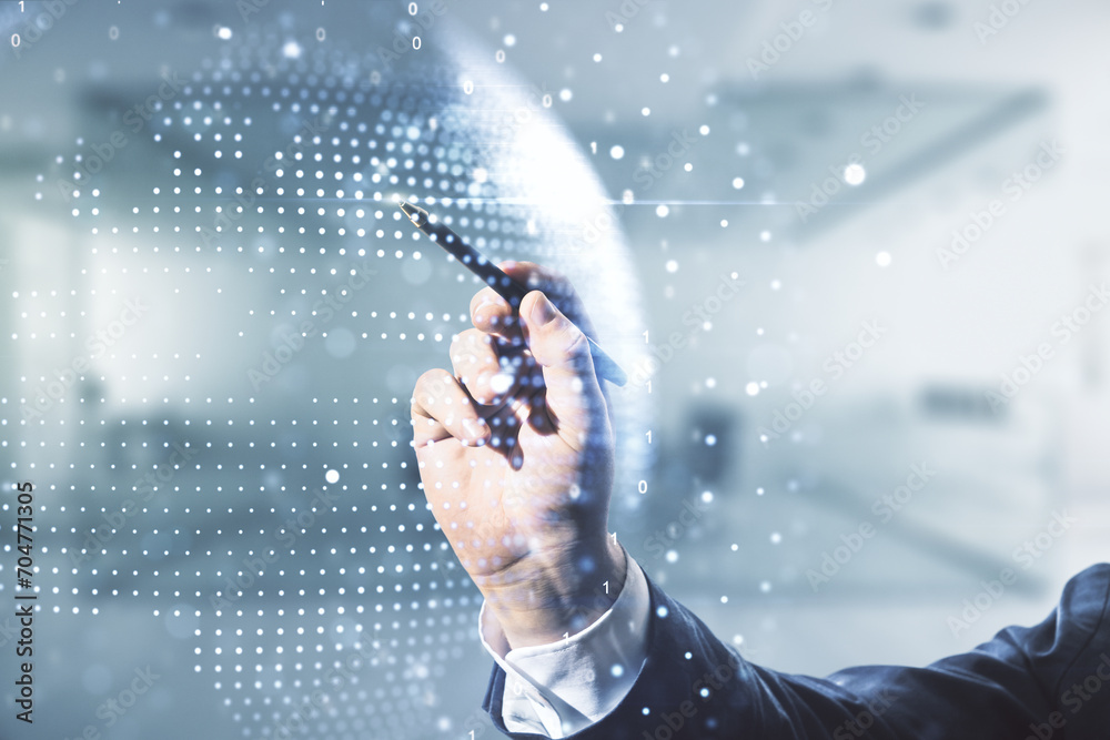 Poster multi exposure of businessman hand with pen working with abstract creative digital world map hologra