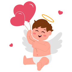Happy Cupid Boy Hold Heart Shaped Balloon Illustration
