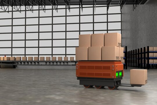 CAR truck robot Delivery Product in factory background  Import and export products  Industry Artificial Intelligence control  This image was created using 3D program. 3D RENDER three dimensional.