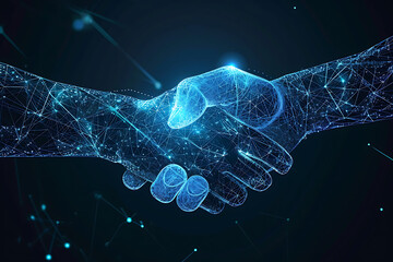 two wire frame glowing hands, handshake, technology, business, trust concept - obrazy, fototapety, plakaty