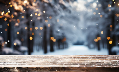 Empty brown wooden floor or table. White snow falling in middle of road at night with yellow lights on side along with trees, bokeh lights blur background. Realistic color template pattern.	