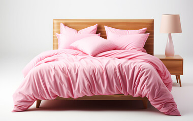 Wooden brown bed comfortable modern pink with pillow and blanket on white background. Realistic clipart template pattern. Use for modern bedroom.