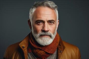 Portrait of a handsome senior man with grey beard and mustache wearing a brown leather jacket and red scarf.