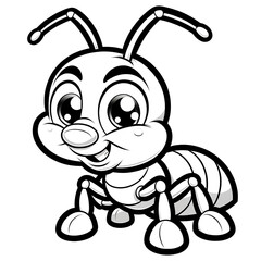 Here is the 2D cartoon-style drawing of an ant in black and white, designed for coloring by kids, depicted in a front view.