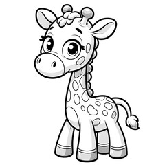 Here is the 2D cartoon-style drawing of a giraffe in white color on a white background, designed for coloring by kids, shown in a 45-degree angle view.