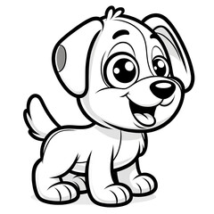 Here is the 2D cartoon-style drawing of a dog in black and white, designed for coloring by kids, shown in a 45-degree angle view.