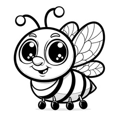 Here is the 2D cartoon-style drawing of a bee in black and white, designed for coloring by kids, shown in a front view.