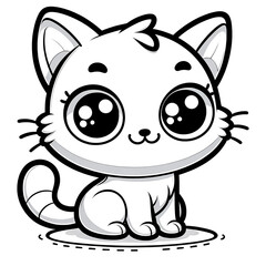 Here is the 2D cartoon-style drawing of a single cat in white color, designed for coloring by kids, shown in a 45-degree angle view.