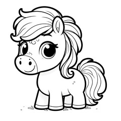 Here is the 2D cartoon-style drawing of a horse in white color on a white background, designed for coloring by kids, shown in a 45-degree angle view.