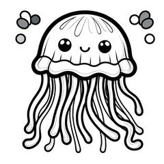 Here is the 2D cartoon-style drawing of a jellyfish in white color on a white background, designed for coloring by kids, shown in a 45-degree angle view.