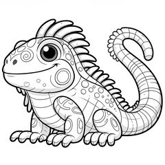 Here is one more 2D cartoon-style drawing of an iguana in white color on a white background, designed for coloring by kids, shown in a 45-degree angle view.