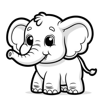 Here is the 2D cartoon-style drawing of an elephant in white color on a white background, designed for coloring by kids, shown in a 45-degree angle view.