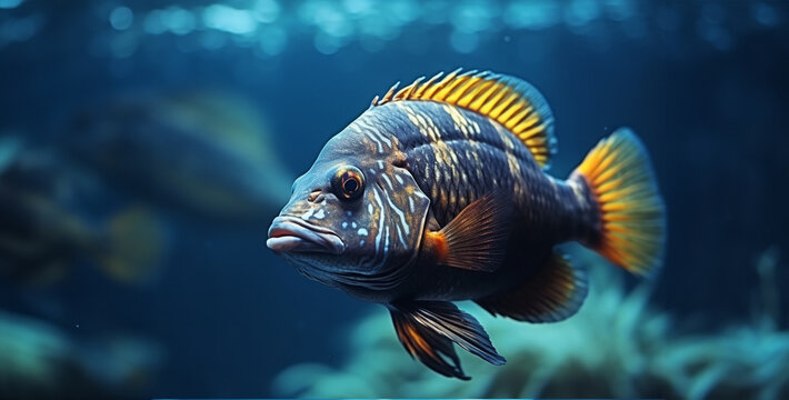 Closeup shot of frontosa cichlid fish in the aquarium, fish in aquarium