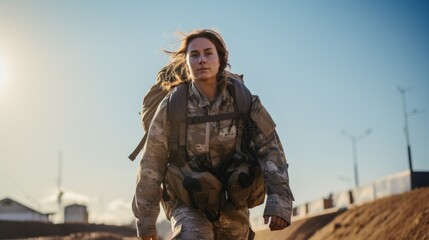 A courageous female soldier returning home after the tour. Generative ai