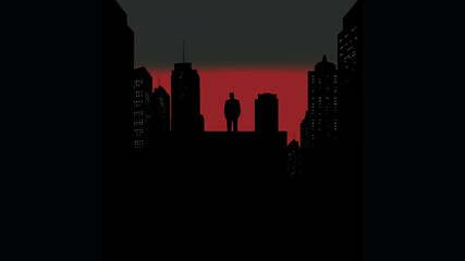 The Silhouette of a Man Standing on a Tall Building in a City With Copy Space