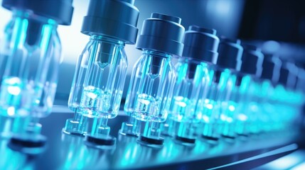 Mass production of glass transparent vaccine bottles in a drug manufacturing facility. Generative ai