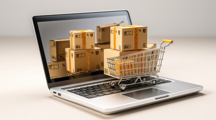 Miniature shopping cart with cardboard boxes on the laptop, online shopping concept. Generative ai