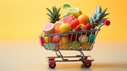 Miniature shopping cart full of fruits on a yellow background. Generative ai