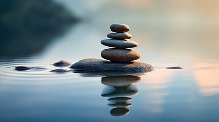 Zen stones pyramid and the reflection on the water.  Generative ai - obrazy, fototapety, plakaty