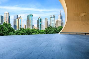 City square floor and modern commercial building scenery in Shanghai. Famous financial district buildings in Shanghai. - obrazy, fototapety, plakaty