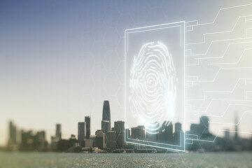 Double exposure of virtual creative fingerprint hologram on San Francisco office buildings...
