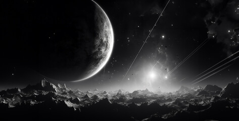 space themed wallpaper black and white 8k, earth and moon