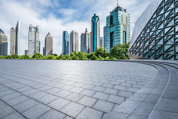 City square floor and modern commercial building scenery in Shanghai. Famous financial district buildings in Shanghai. - obrazy, fototapety, plakaty