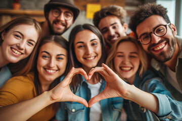 A group of joyful young friends is taking a close-up selfie while making a heart shape with their hands, all smiling and enjoying the moment together.