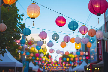 Colourful lanterns hanging above street during multicultural festival