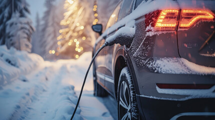 close up of electric car charging battery in winter - obrazy, fototapety, plakaty