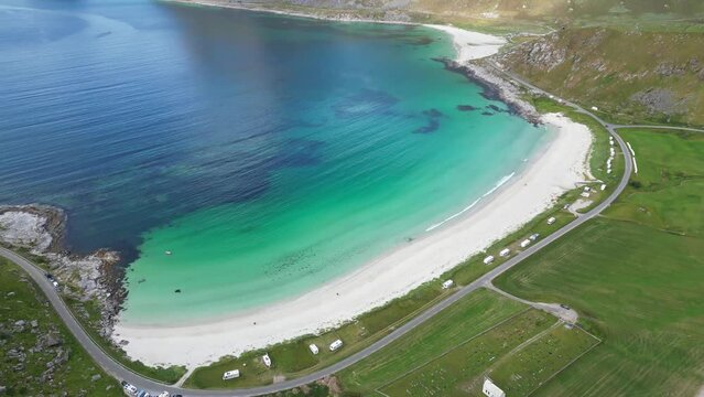 Lofoten Islands Vik and Haukland Beach at Summer in Norway - Aerial 4k Tilting Up