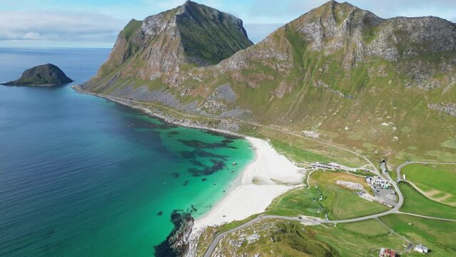 Haukland Beach in Lofoten Islands, Norway - Aerial 4k Tilting Down