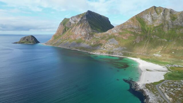 Lofoten Islands Haukland Beach at Summer in Norway - Aerial 4k Circling