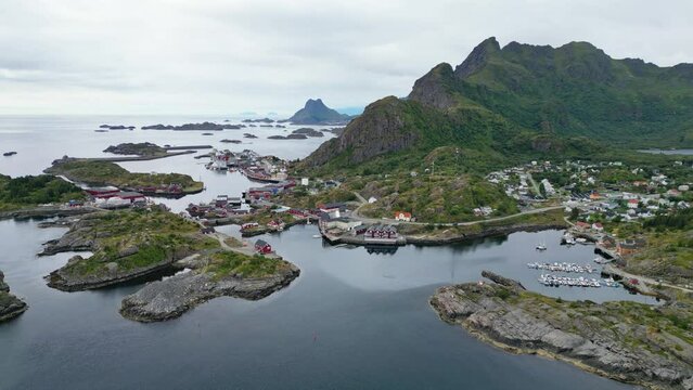 Stamsund Village and Vestfjord in Lofoten Islands, Norway - Aerial 4k Circling
