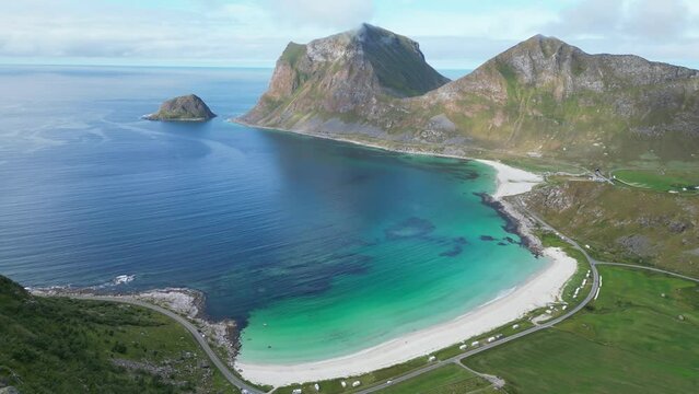 Lofoten Islands Vik Beach and Haukland Beach at Summer in Norway - Aerial 4k
