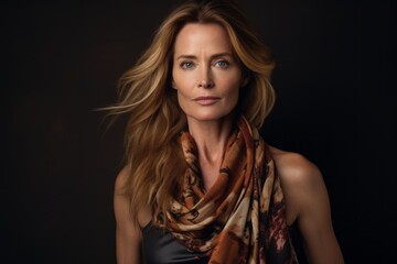 Portrait of a beautiful mature woman with long blond hair wearing a silk scarf.