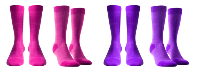 2 Set of magenta purple pink, front side view blank plain socks on transparent background, PNG file. Mockup template for artwork design